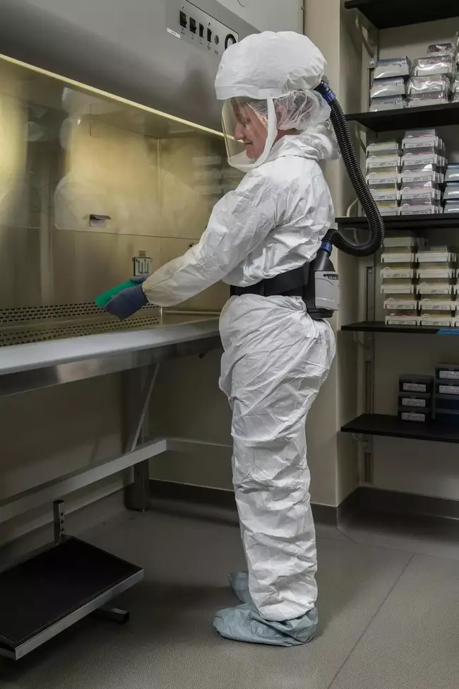 Lab Technician in Full Personal Protective Equipment (PPE) Ensuring Safety in a Controlled Environment" ### Description: A laboratory technician is seen wearing full personal protective equipment (PPE), including a powered air-purifying respirator (PAPR), gloves, and a protective suit, while working in a sterile laboratory environment. The image highlights the importance of biosafety protocols in controlled lab settings, ensuring the safe handling of hazardous materials. Ideal for articles or content related to lab safety, infectious disease control, and workplace safety standards in medical or research facilities.