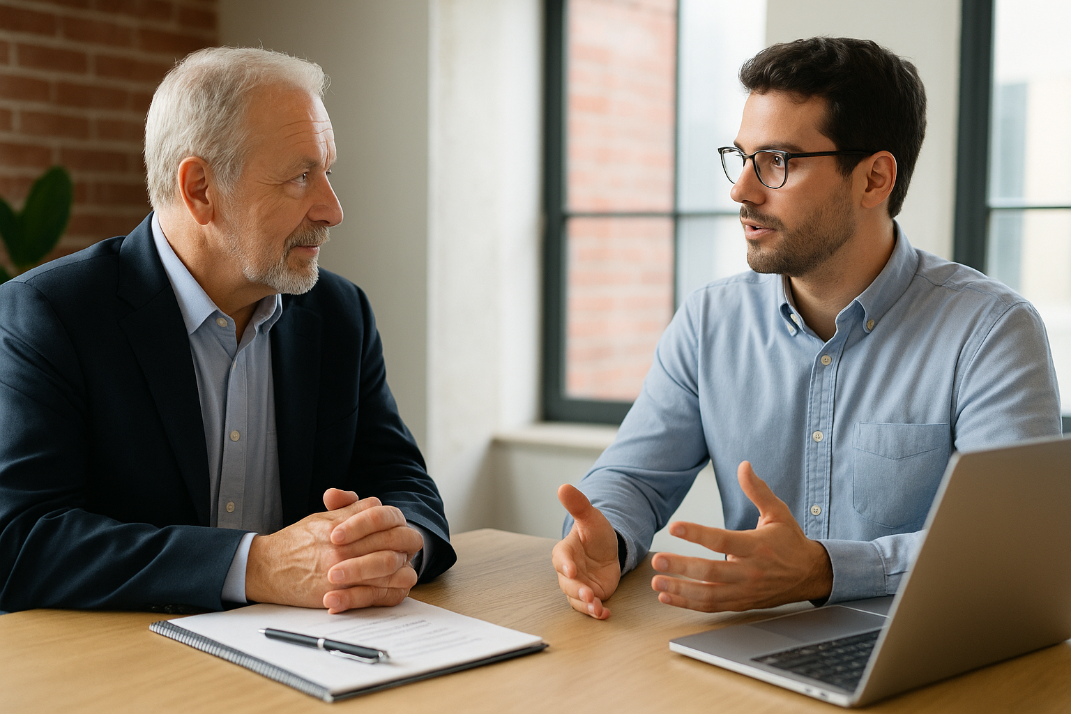Realistic photo of a donor and a startup founder meeting in a modern office, discussing a customized venture philanthropy portfolio with documents and a laptop on the table.